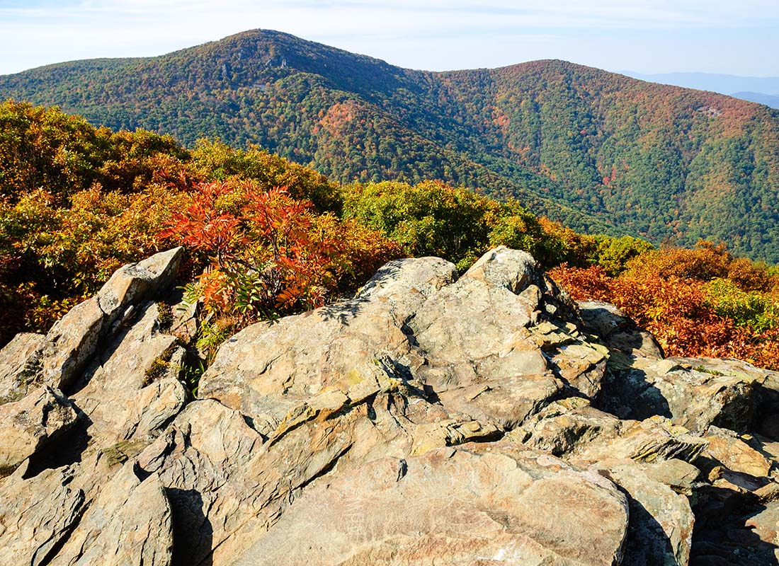 About Our Agency - Scenic View of a Rock Formation on Top of a Mountain with Fall Colored Foliage in North Carolina